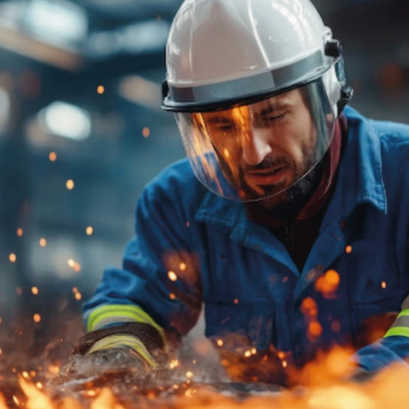 Trabajador industrial con casco y visor de protección utilizando ropa ignífuga mientras realiza labores en un entorno con chispas y altas temperaturas.