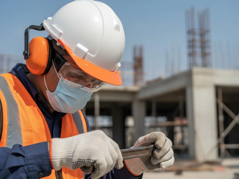 trabajador usando el casco industrial de seguridad laboral