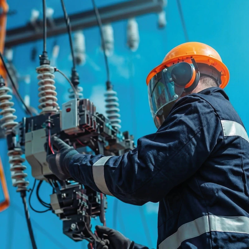 Técnico electricista trabajando en equipo de alta tensión con protección completa frente a riesgo eléctrico