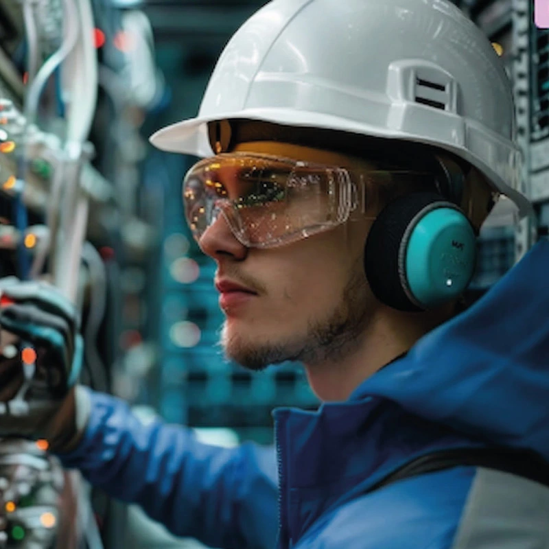 Técnico industrial con casco, gafas de seguridad y protección auditiva trabajando en un panel eléctrico.