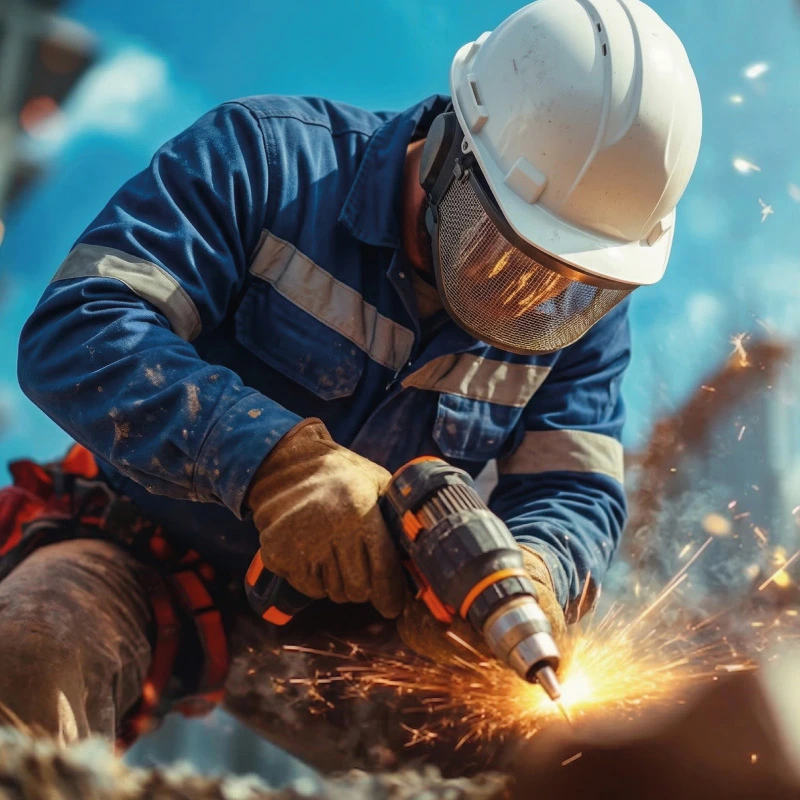 Trabajador industrial usando casco, careta de seguridad y guantes mientras utiliza un taladro eléctrico generando chispas en una superficie metálica.