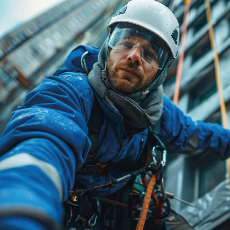 Trabajador en altura con casco, gafas de seguridad y arnés realizando labores de mantenimiento con equipo de protección contra caídas.